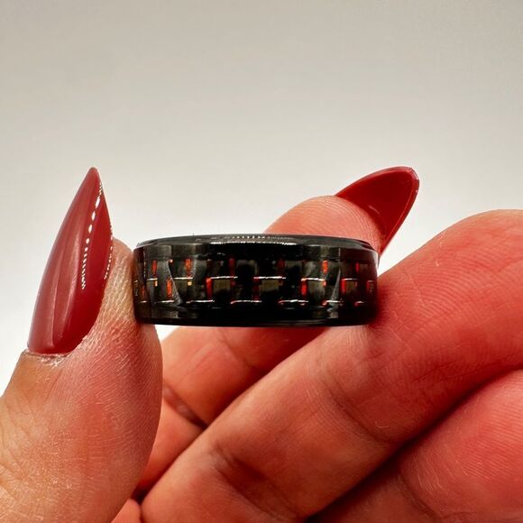 Men's 11.75 black toned metal with woven design in red, ring/wedding band! - Picture 3 of 10